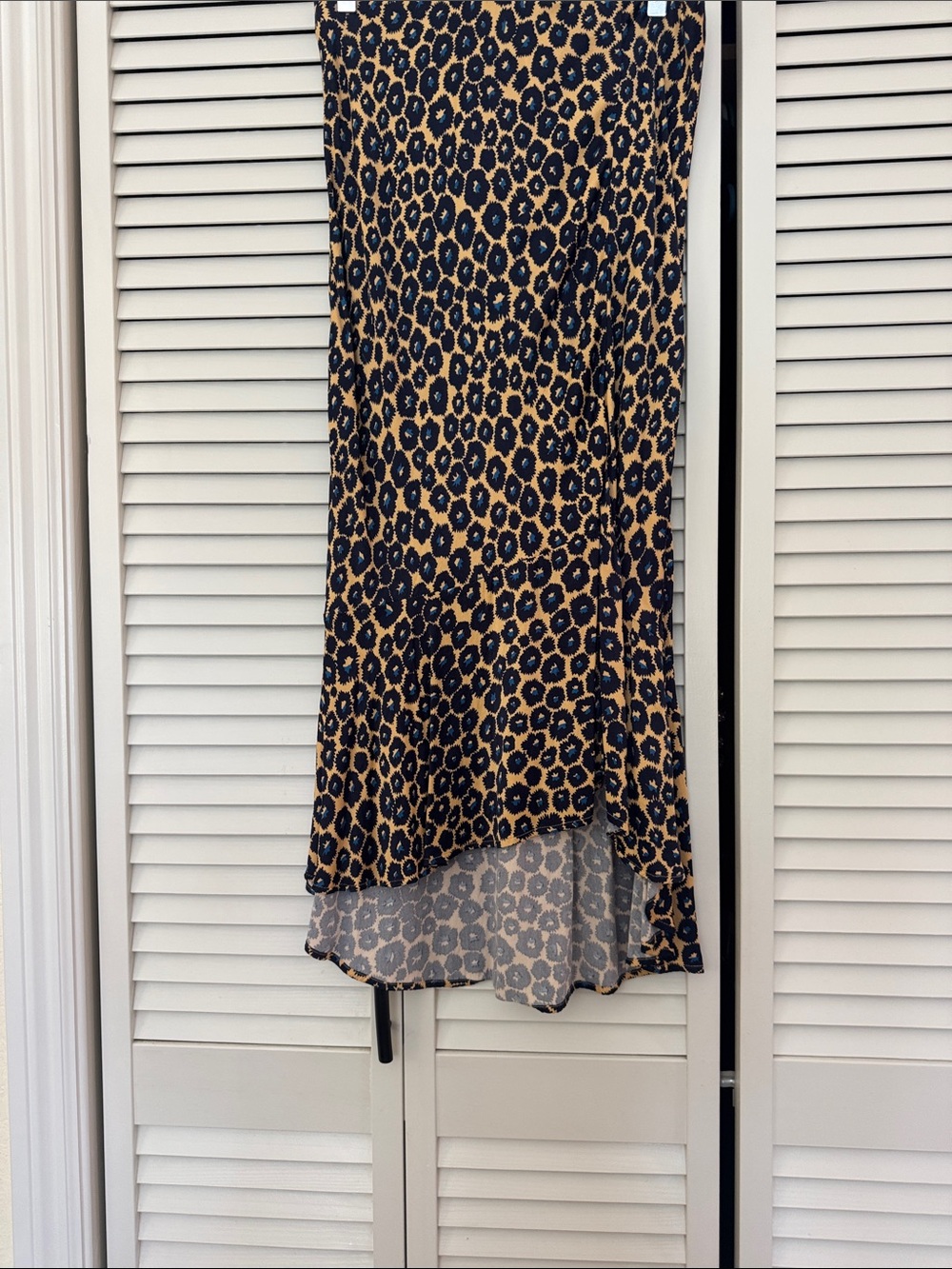 Anthropology Maeve Navy and Tan High-Low Leopard Maxi Skirt